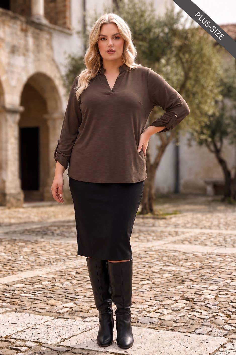 PLUS SIZE Ruffled Collar Lizzy 3/4 Sleeve Lightweight Blouse