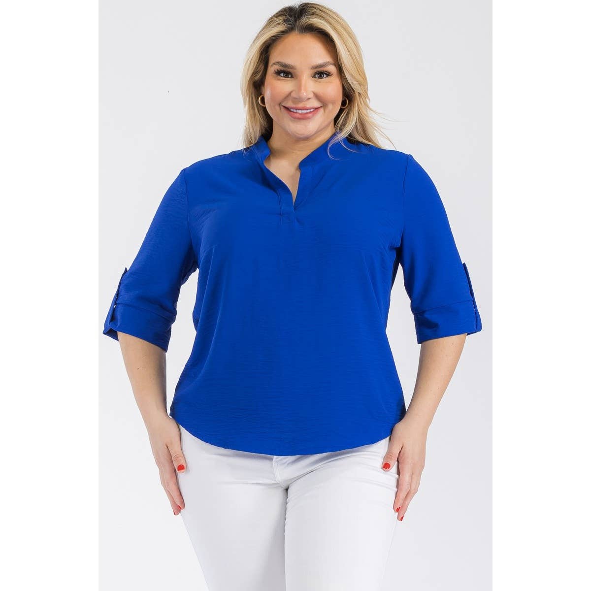 PLUS SIZE SPLIT NECK ROLL UP SLEEVE RELAXED BLOUSE