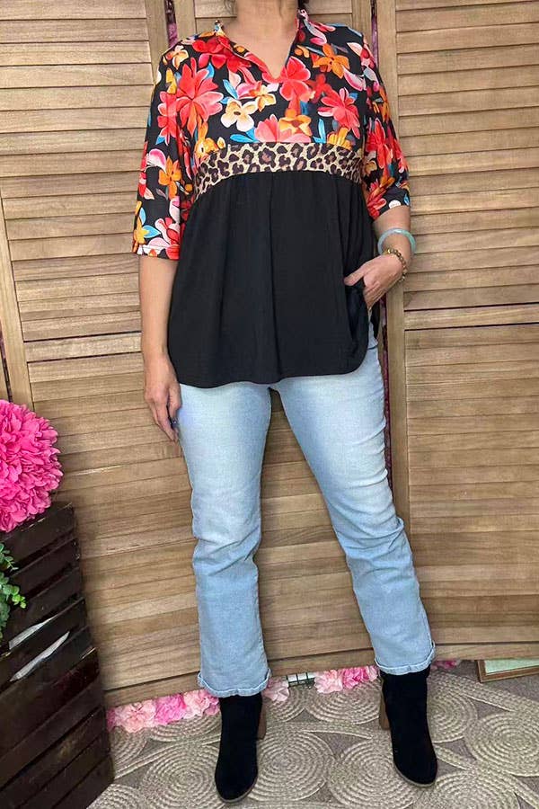 Floral & leopard & black half sleeves women top GJQ16303
