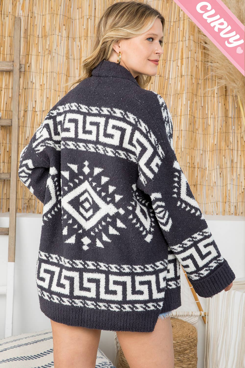 PLUS SIZE AZTEC PRINT SUPER SOFT COZY SWEATER KNIT CARDIGAN