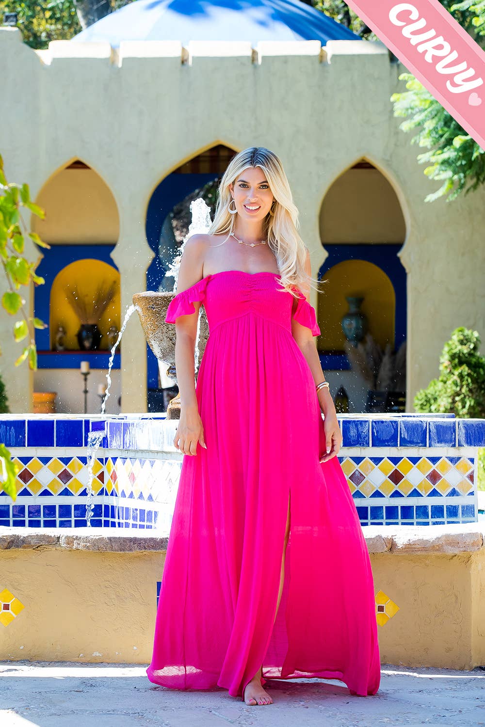 FLOWY RUFFLE SLEEVE SMOCKED MAXI PLUS SIZE  DRESS