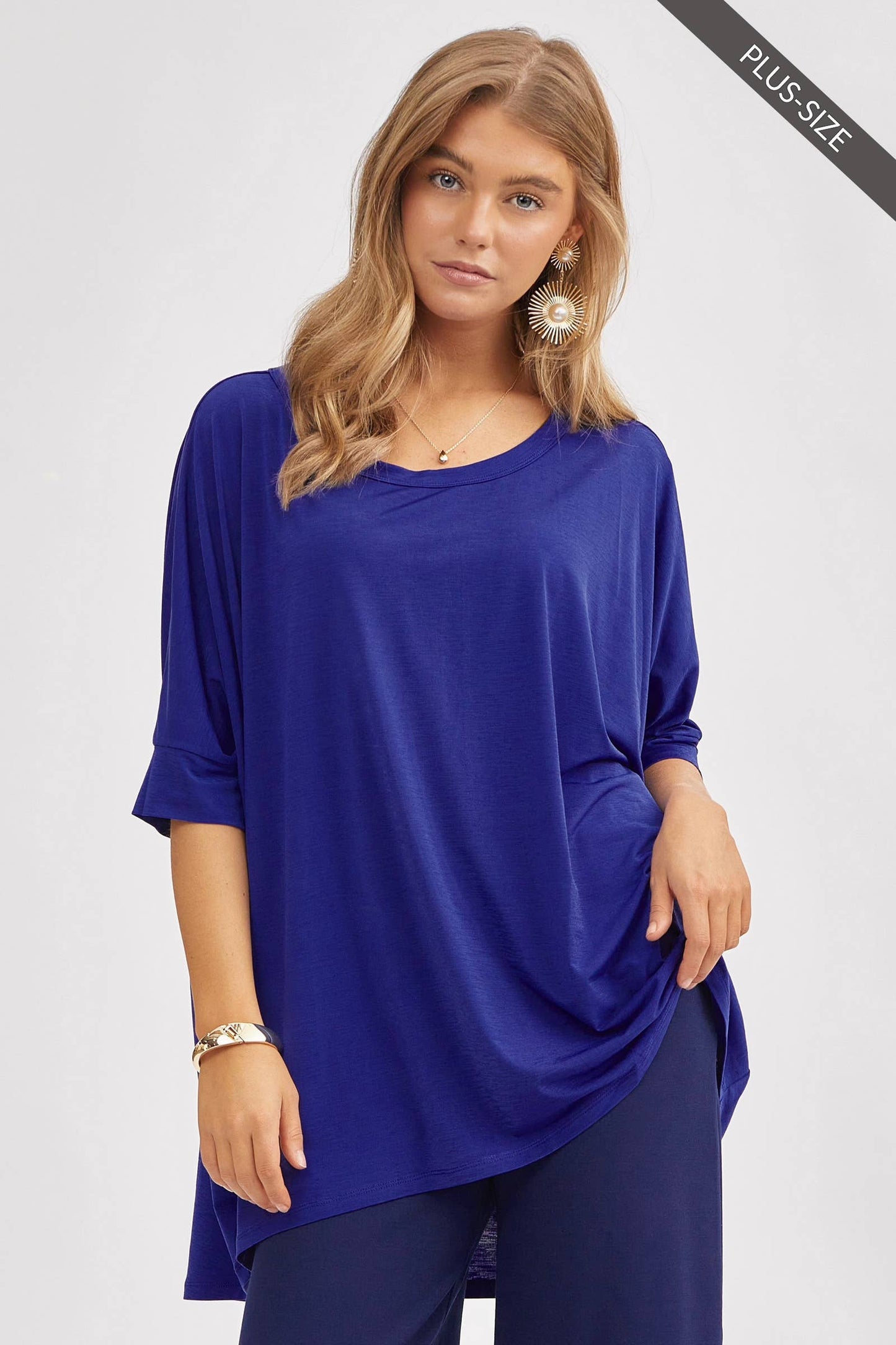 PLUS SIZE Relaxed Banded Dolman Sleeve Poncho-Like Tunic Top