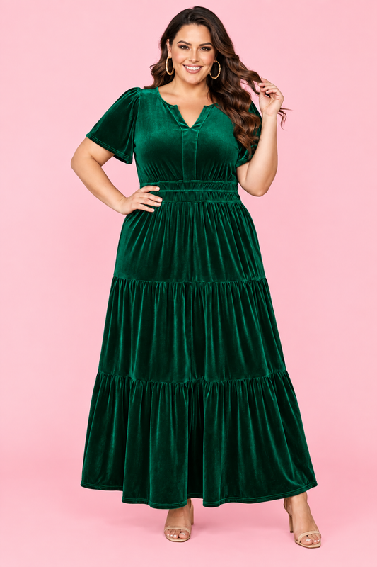 LALA LOO Plus Size Velvet Shirred Waist Tiered Maxi Dress
