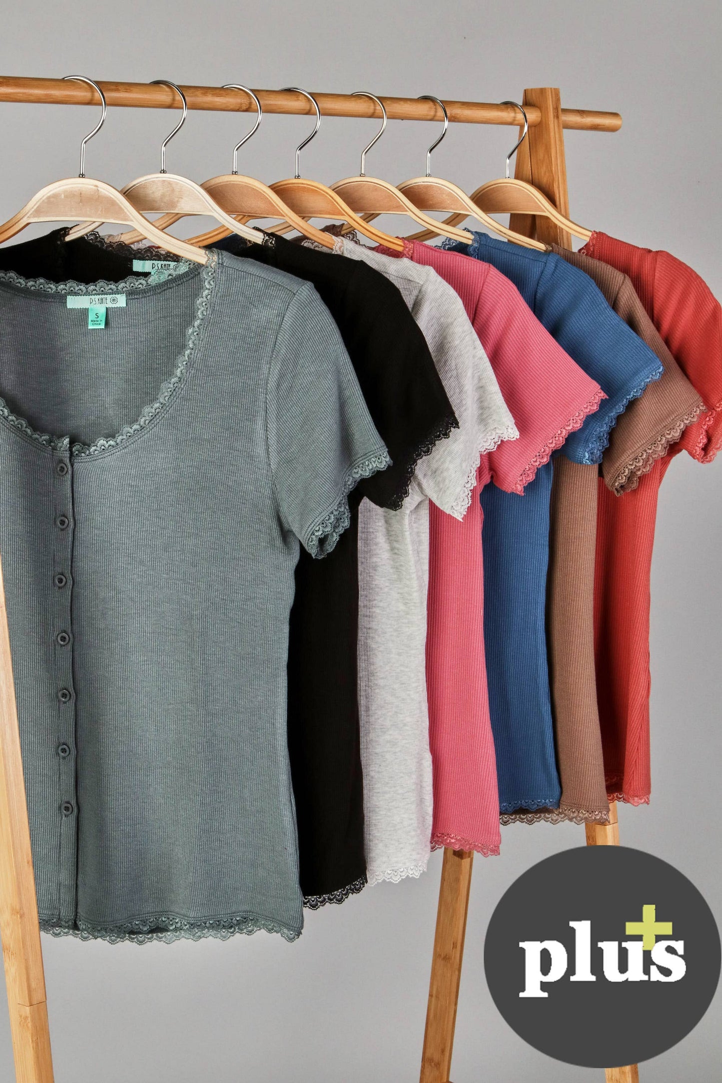 Solid rib button top with dtm edge lace- plus (P17893-PLUS)