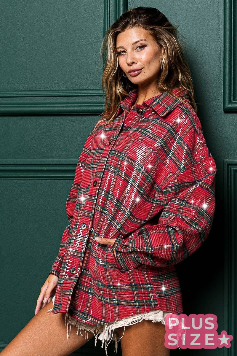 PLUS CLEAR SEQUIN PLAID CHRISTMAS SHIRT