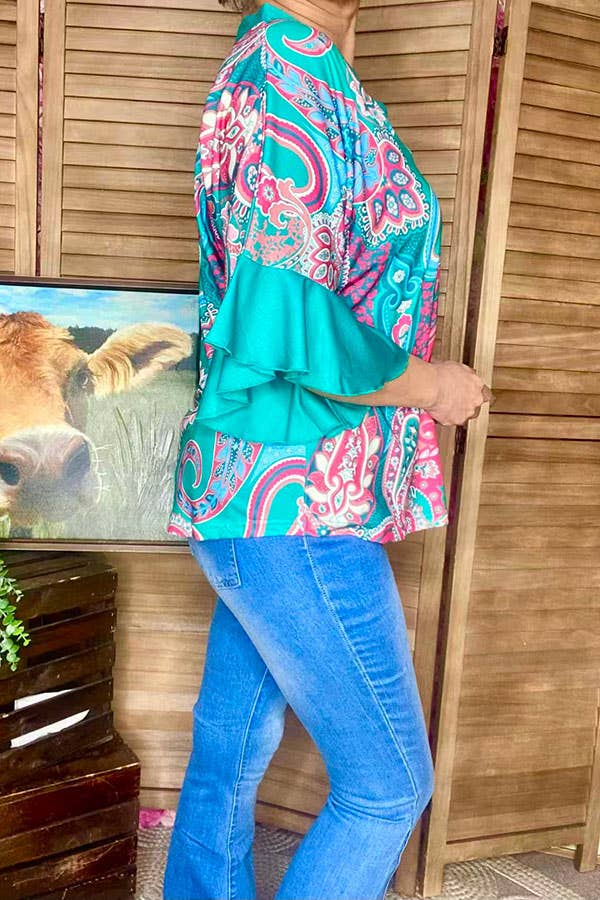 Western paisley printed ruffle sleeves women top GJQ16628