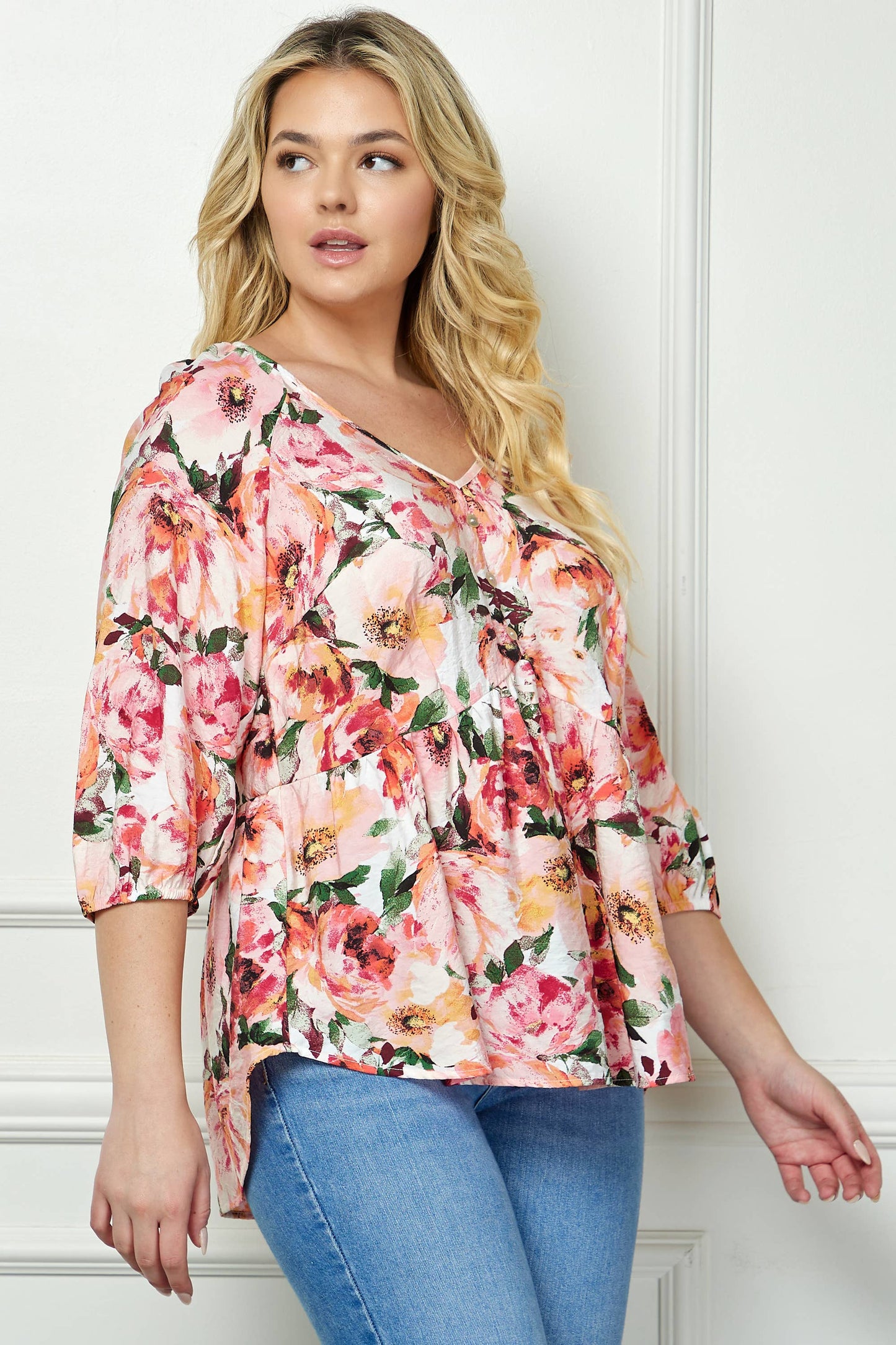 PLUS SIZE BLOOMING SUNSET FLORAL BABYDOLL TOP