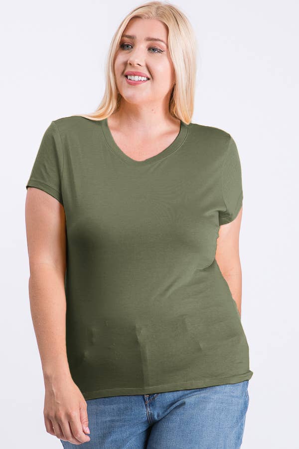Plus Size V-Neck Basic Short Sleeve Solid Tee Cotton Top