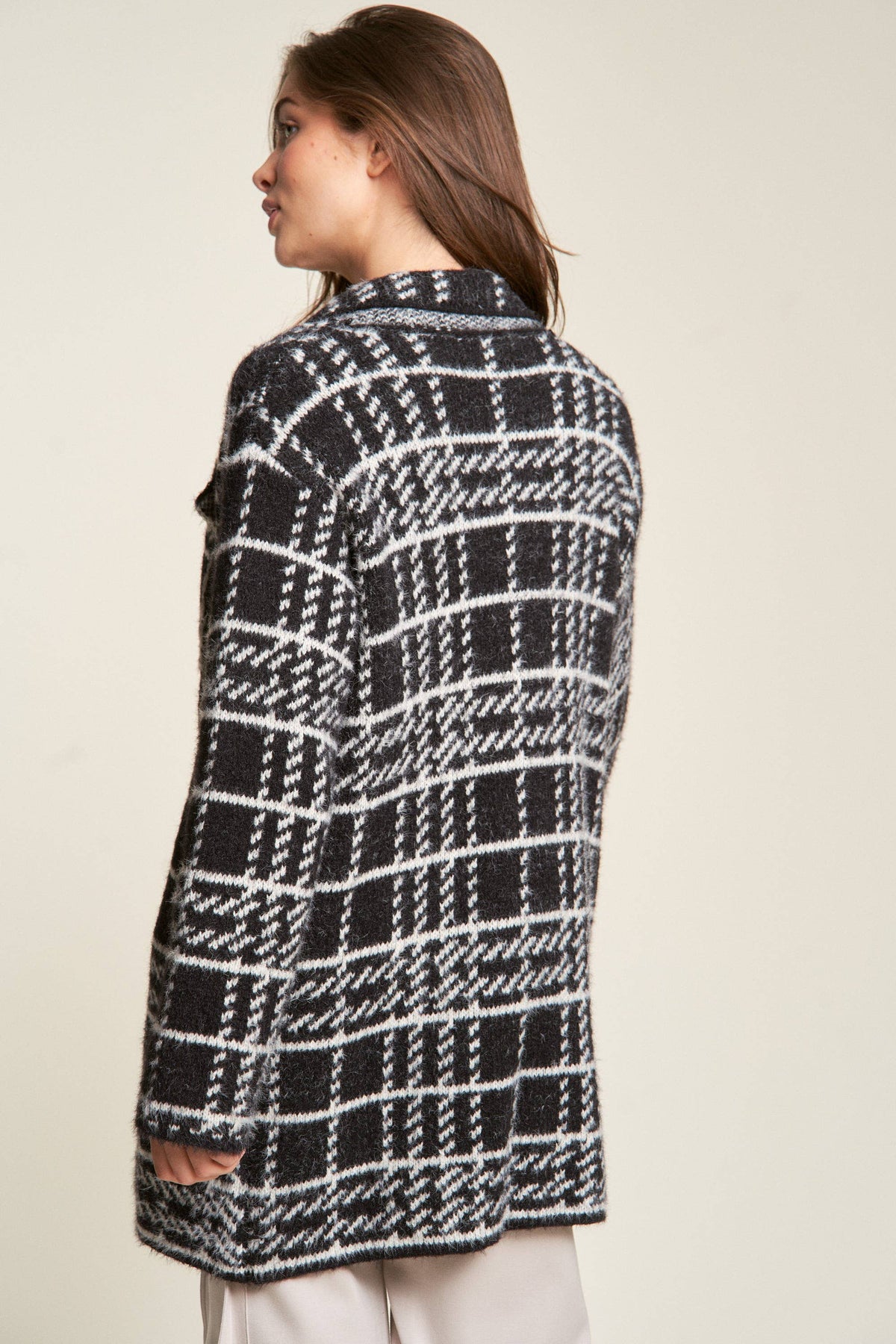 Plus - Plaid Knit Lapel Collar Button Front Long Coat