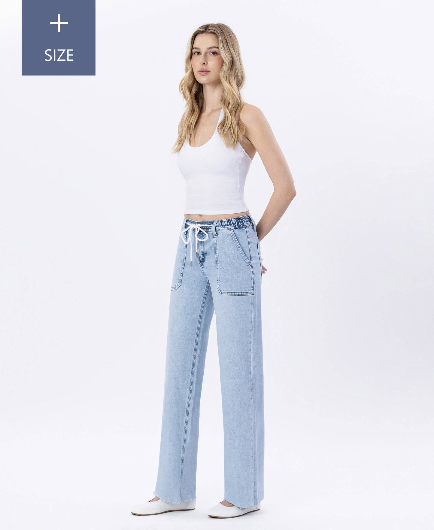 PLUS HIGH RISE DRAWSTRING WAISTBAND WIDE LEG JEANS LV1902-P