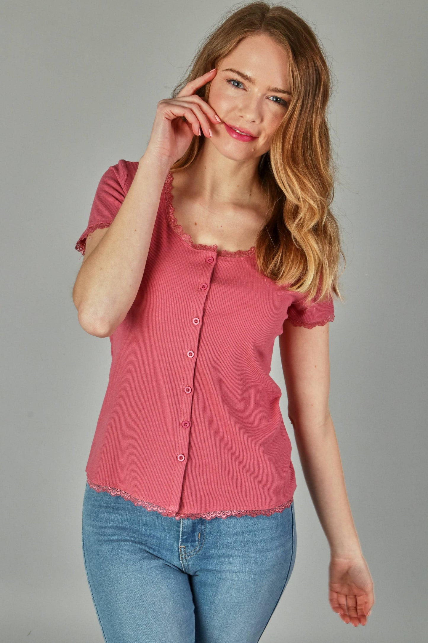 Solid rib button top with dtm edge lace- plus (P17893-PLUS)