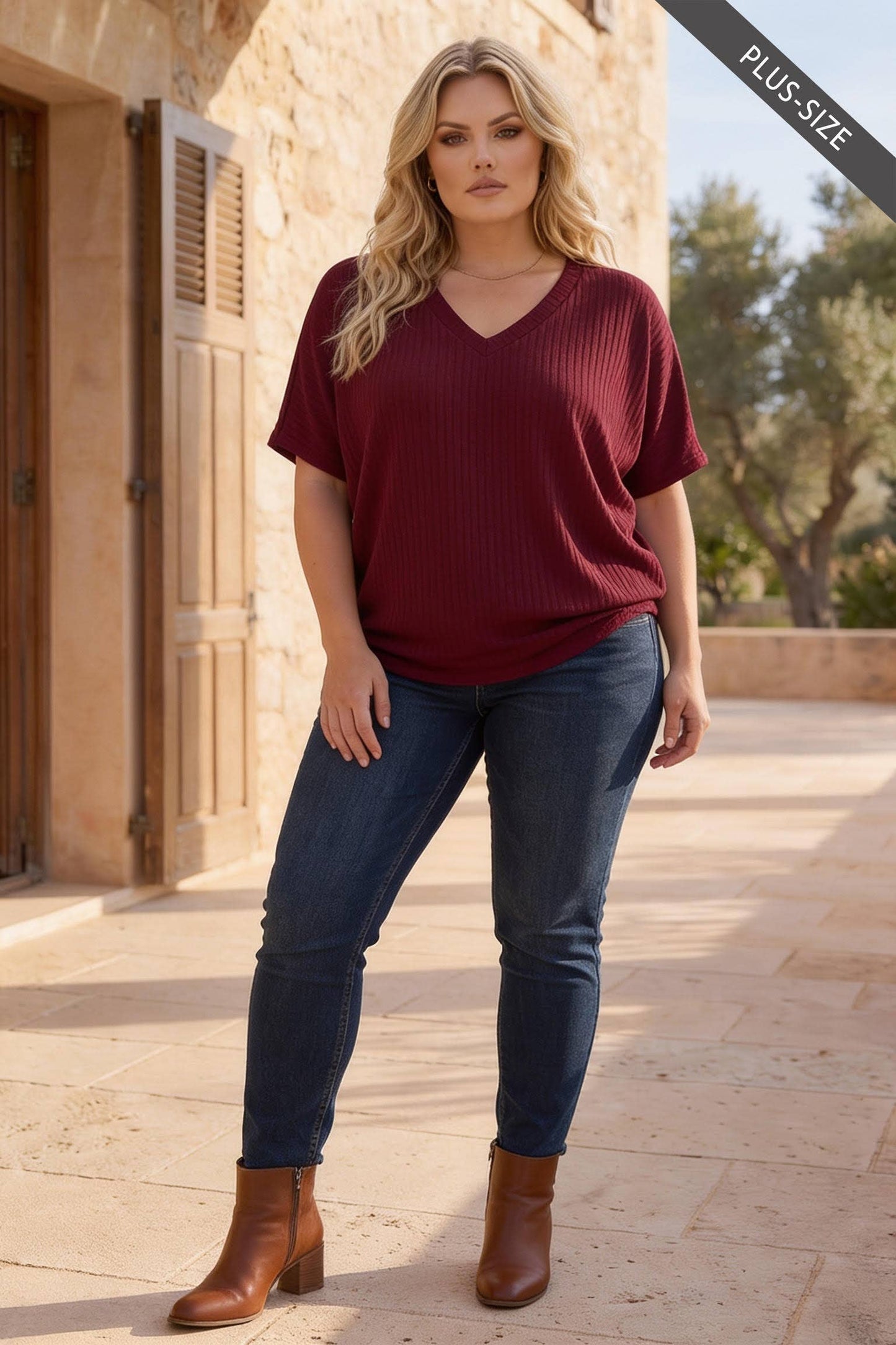 PLUS SIZE Soft Rib V-Neckline Ruched Top