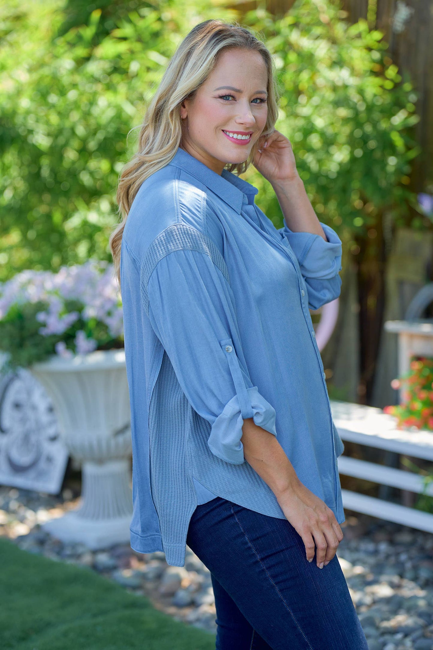 Plus Breezy Denim-Blue Button-Up-PIT6655