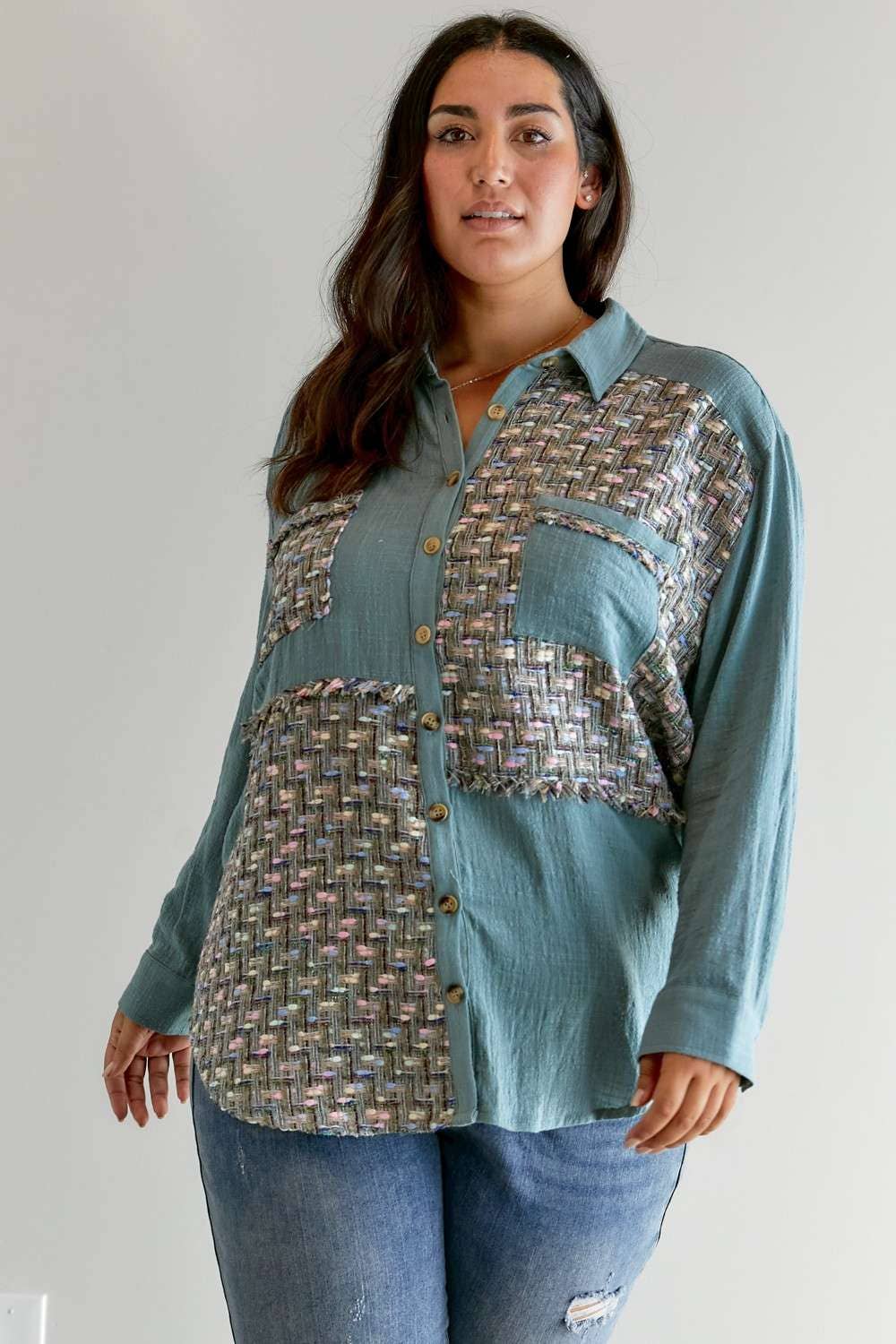 PLUS MULIT PRINTED CHEST POCKET BUTTON DOWN SHIRT