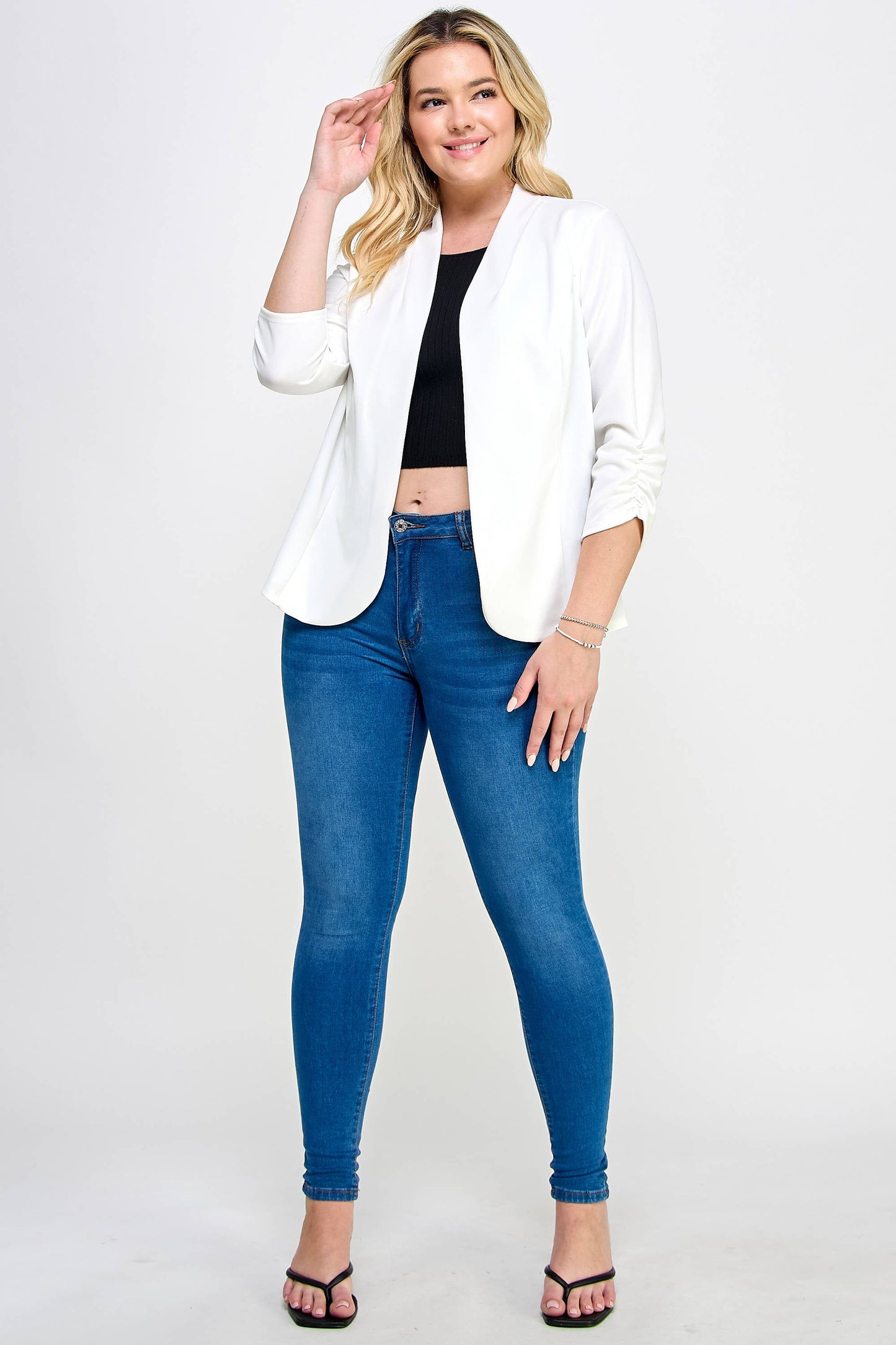 Plus Size Ruched 3/4 Sleeve Blazer - WG18353-J