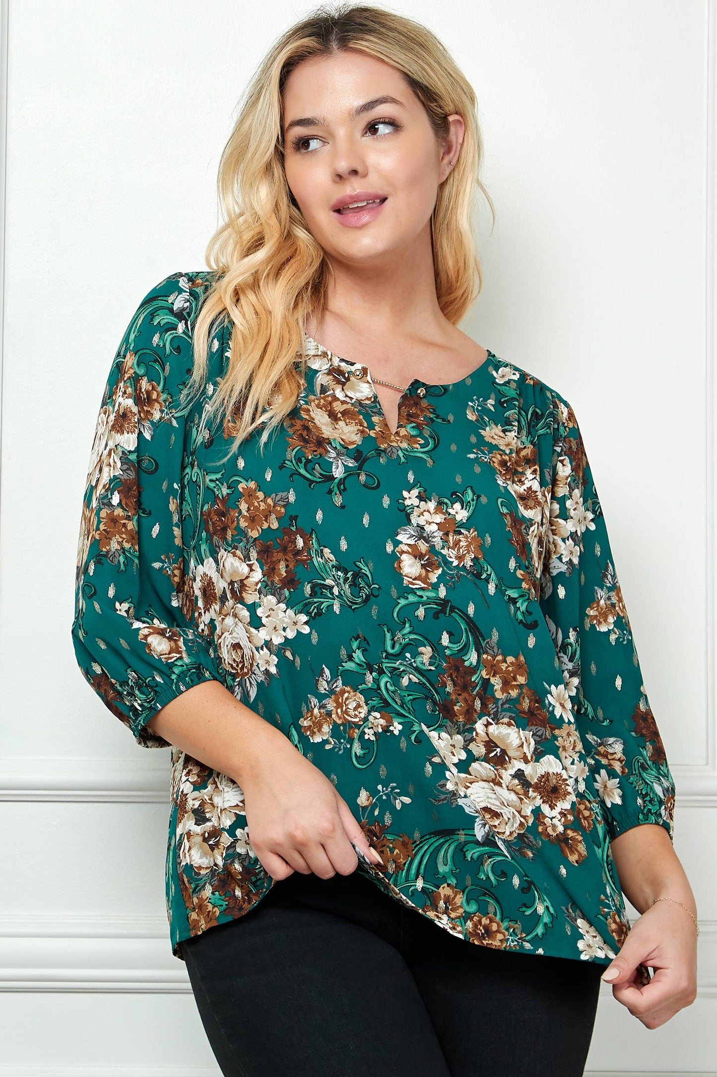 PLUS SIZE ELASTIC SLEEVE TRIM NECK FRONT BLOUSE G216777N38X