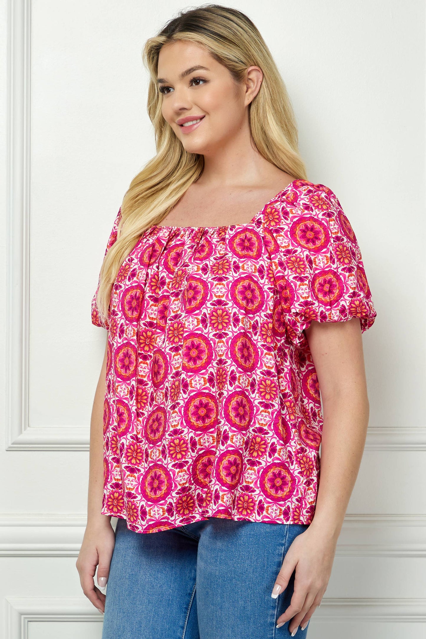 PLUS SIZE SHORT BUBBLE SLEEVE TRAPEZE BLOUSE G230550A49X
