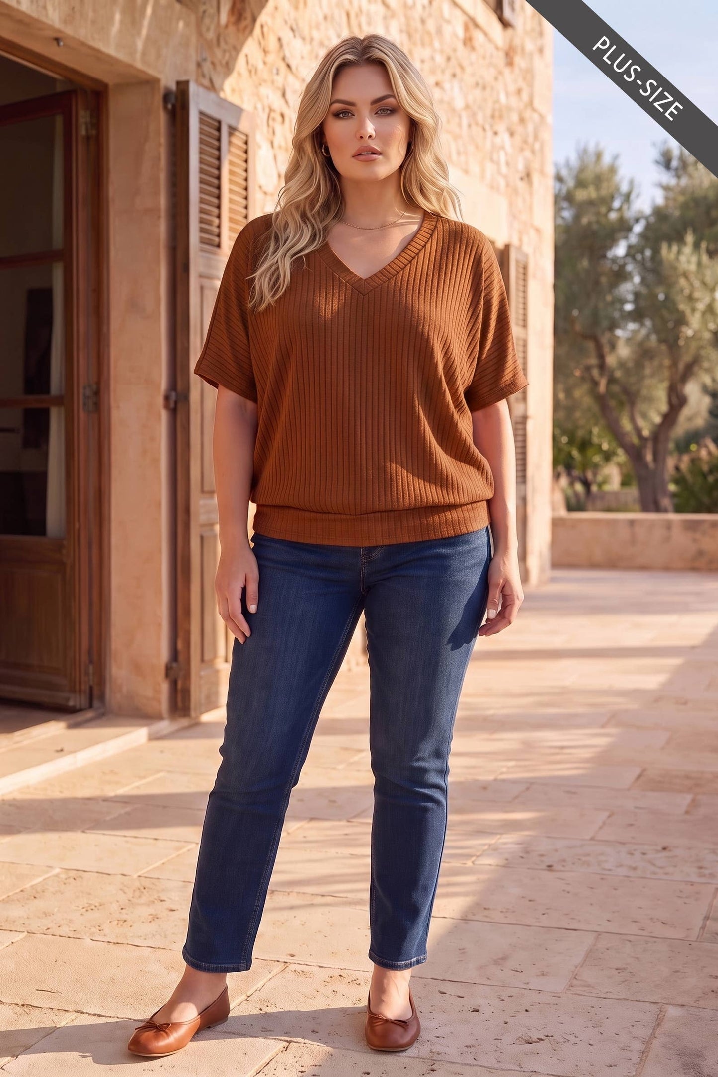 PLUS SIZE Soft Rib V-Neckline Ruched Top