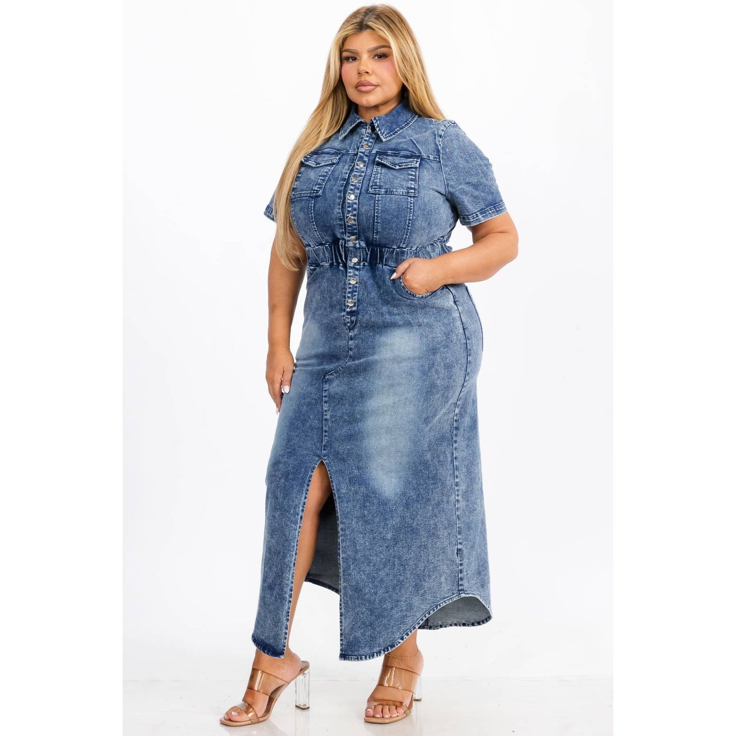 PLUS SIZE DENIM COLLARED BUTTON DOWN ELASTIC WAIST FRONT SLI