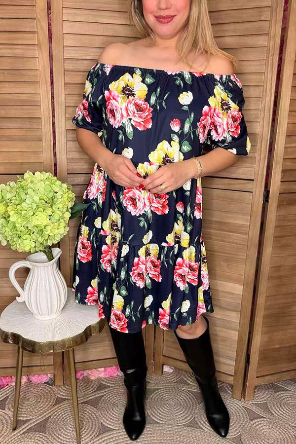 Floral print off shoulder short sleeve women dress GJQ15155