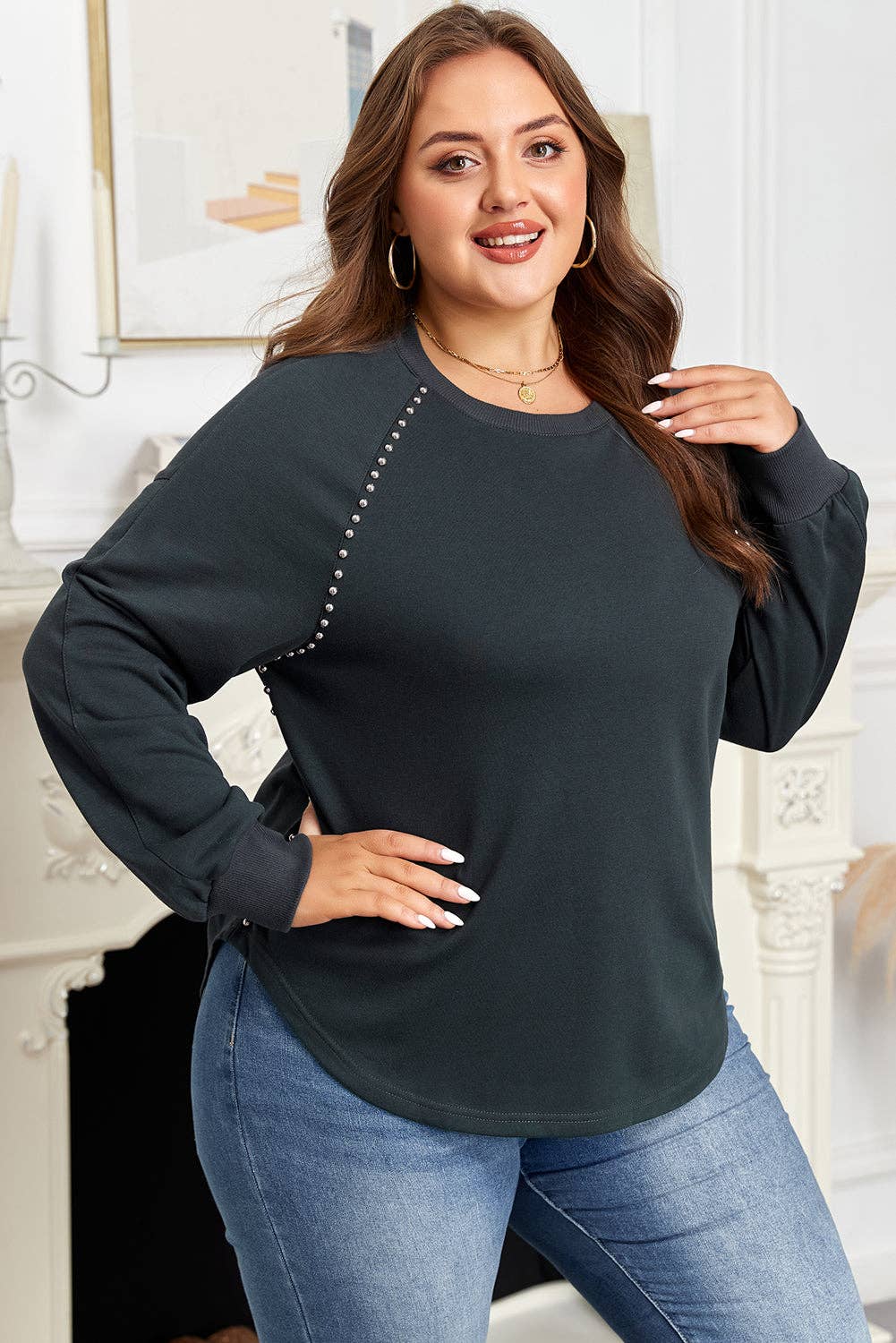 Plus Size Mineral Wash Studded Ribbed Edge Top