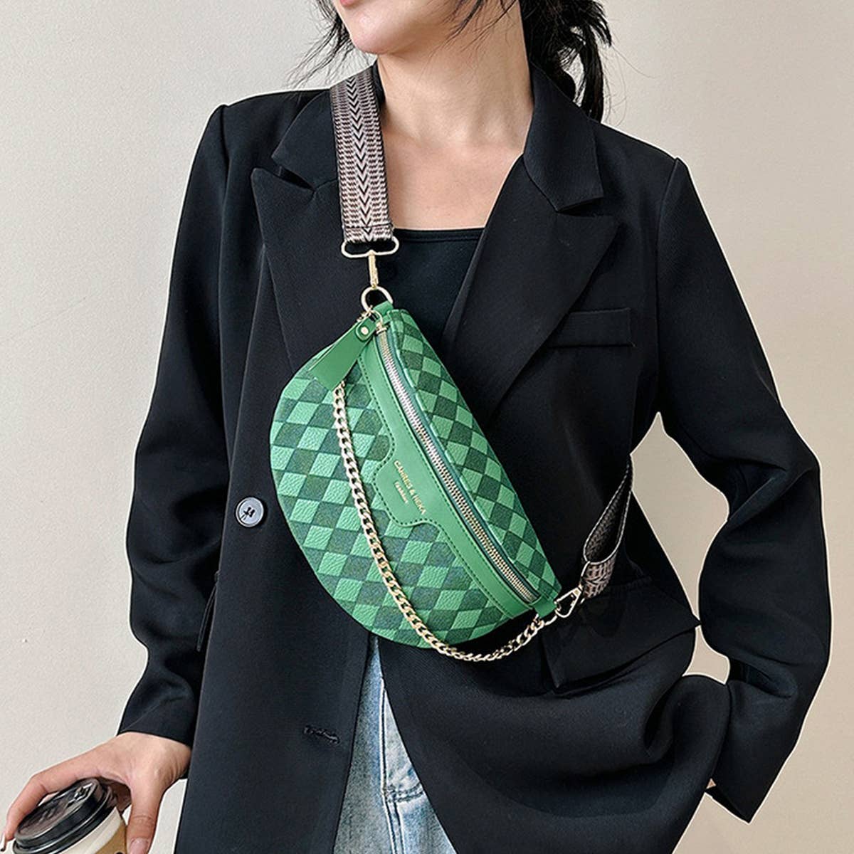 Checkered Chain Strap PU Crossbody Chest Bag_CUAB00597