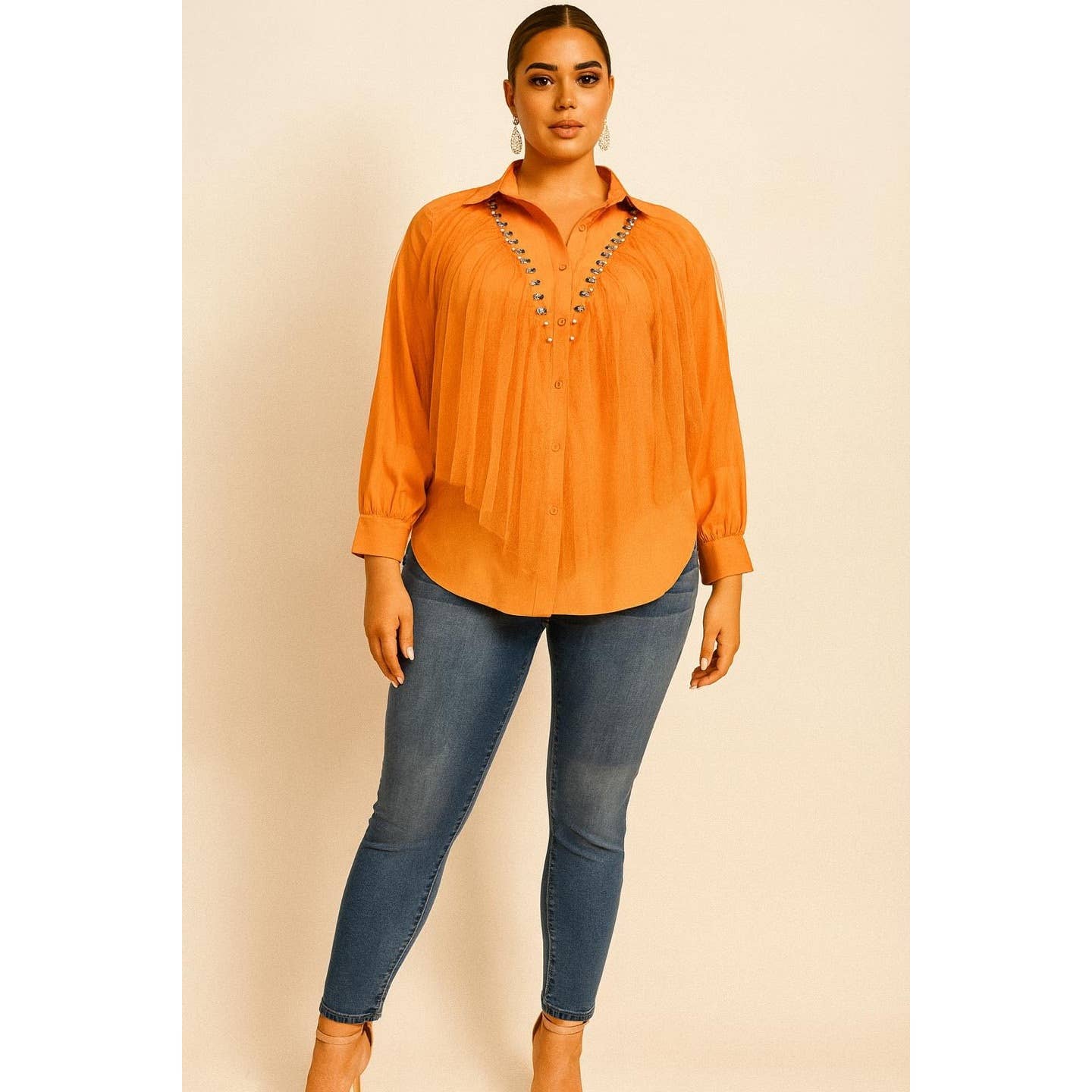 PLUS SIZE COLLARED RHINESTONE DETAIL TULLE LAYER BUTTON DOWN