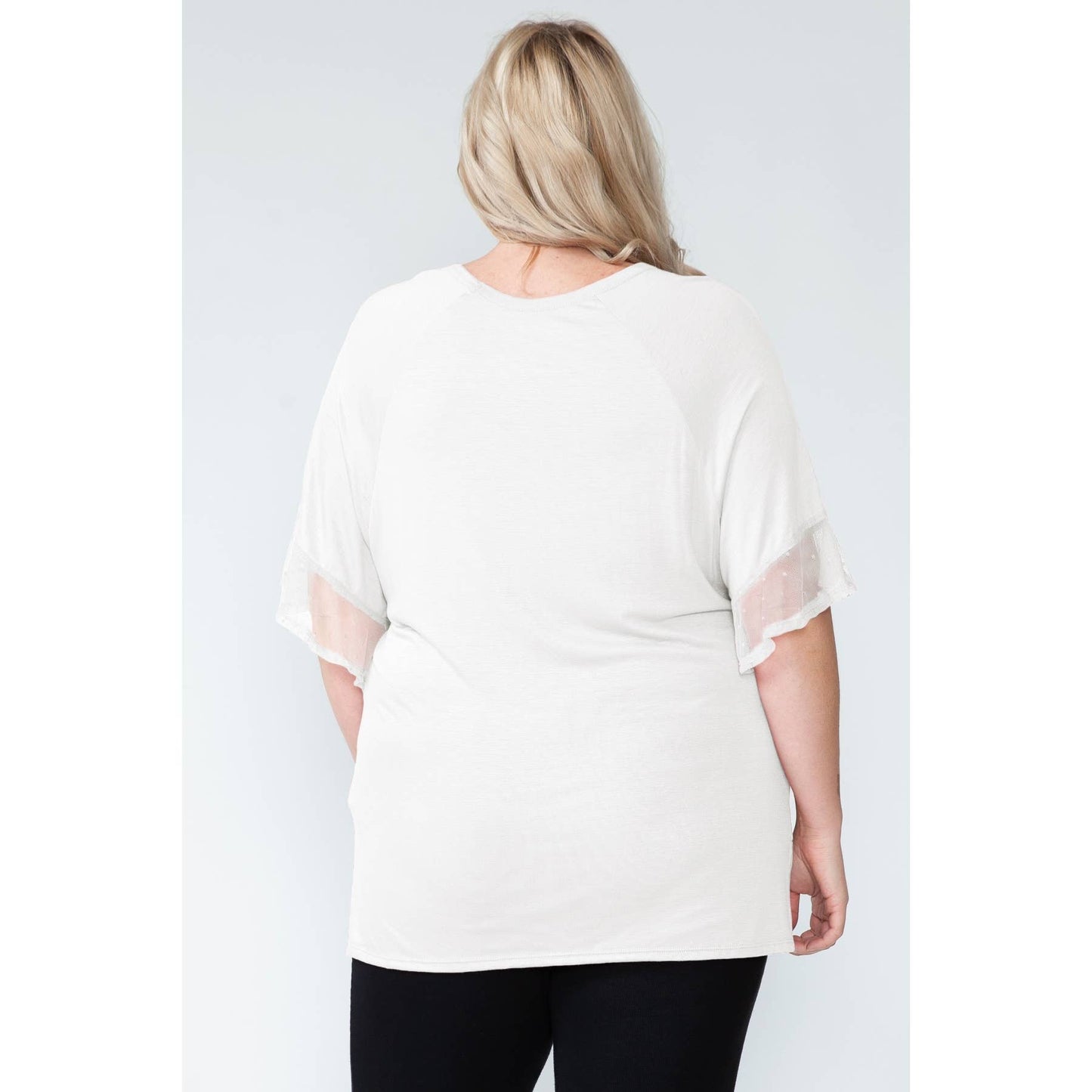 Plus Size V-Neck Dot Mesh Ruffled Sleeve Blouse