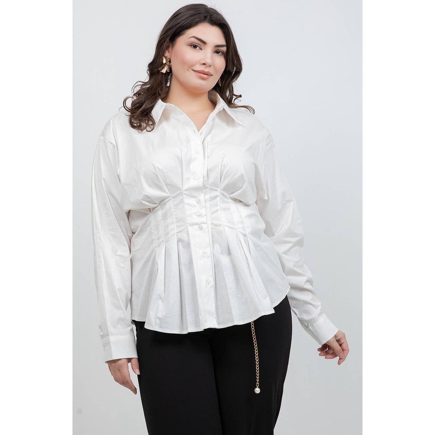 PLUS SIZE COLLARED BUTTON DOWN LONG SLEEVE PLEATED DETAIL SH
