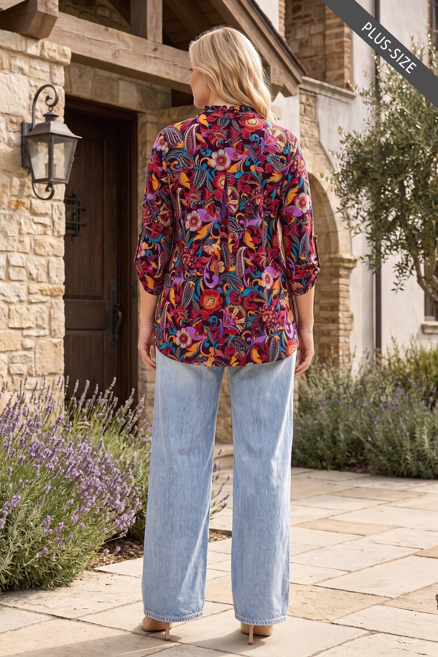 PLUS SIZE Ruffled Collar Lizzy 3/4 Sleeve Lightweight Blous