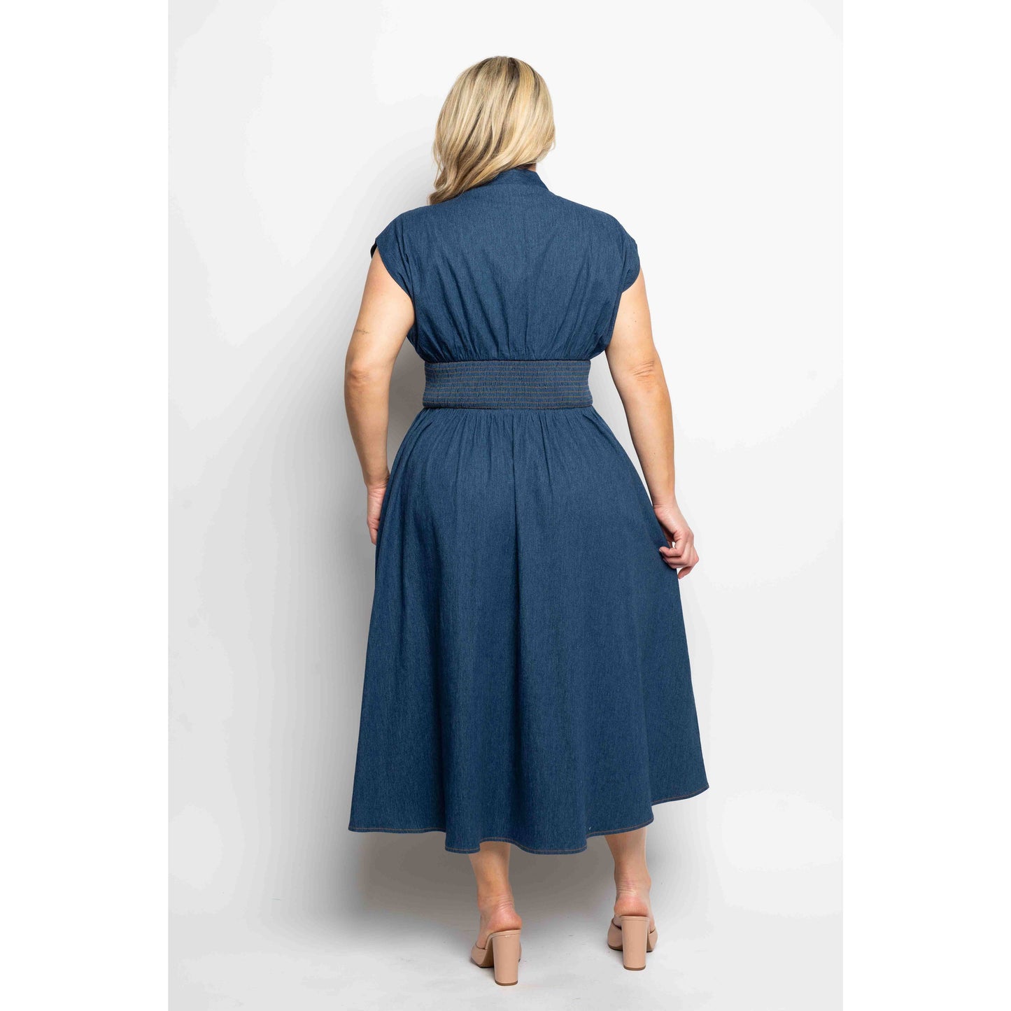 PLUS SIZE DENIM CAP SLEEVE SMOCKED WAIST ZIP FRONT WITH POCK