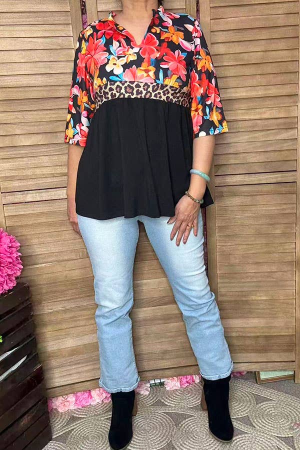Floral & leopard & black half sleeves women top GJQ16303