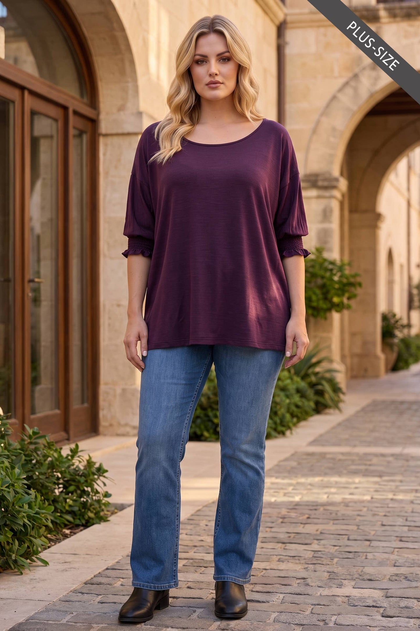 PLUS SIZE Oversized Smocked 3/4 Sleeve Poncho Blouse