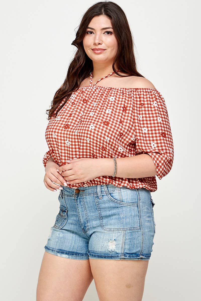 Plus Size Checker Off Shoulder Halter Top - WG17823-4T