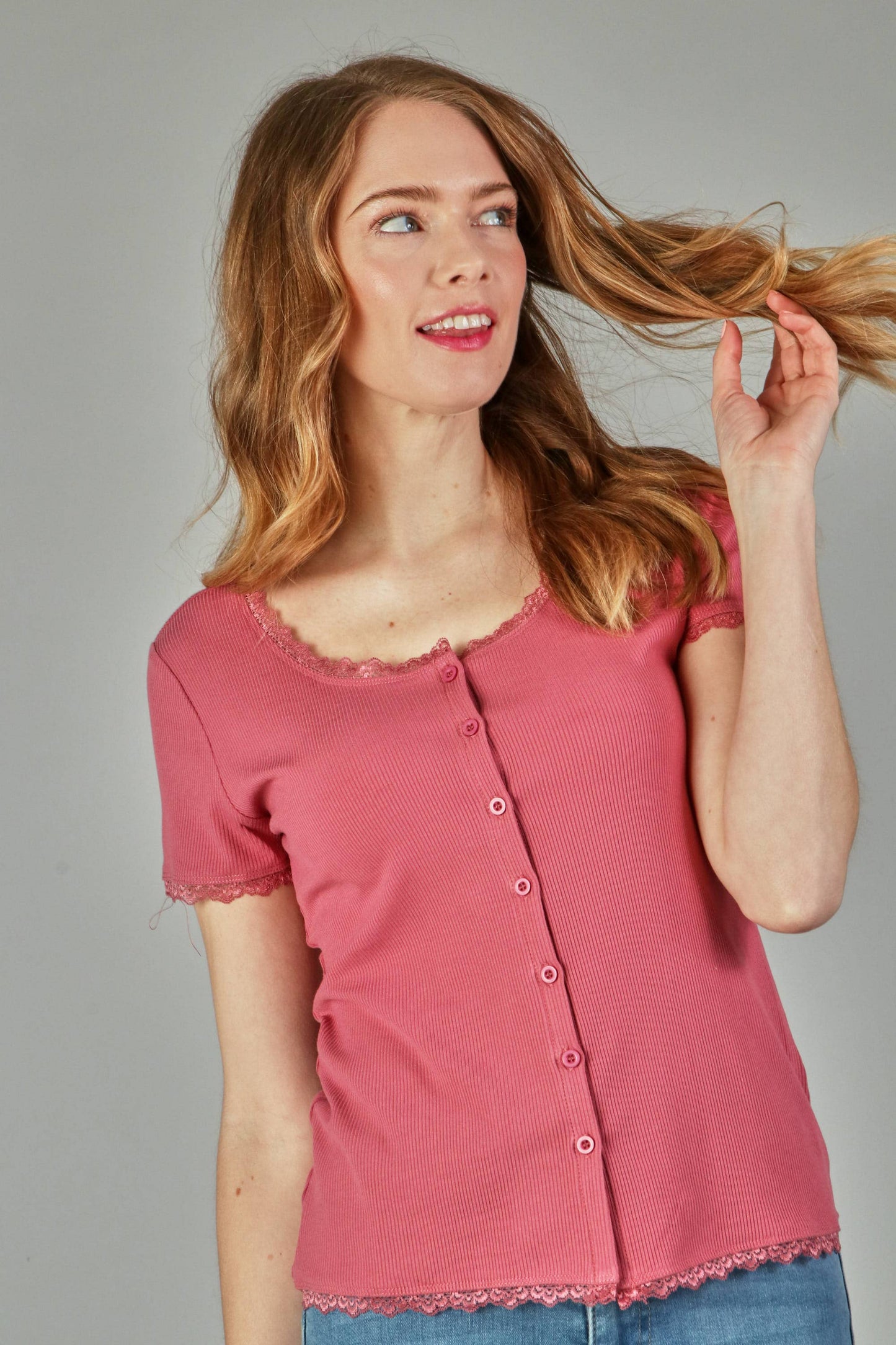 Solid rib button top with dtm edge lace- plus (P17893-PLUS)