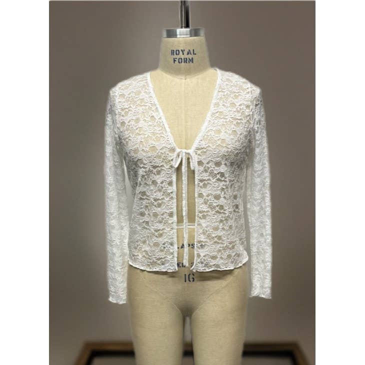 PLUS SIZE LACE OPEN TIE FRONT LONG SLEEVE BOLERO CARDIGAN