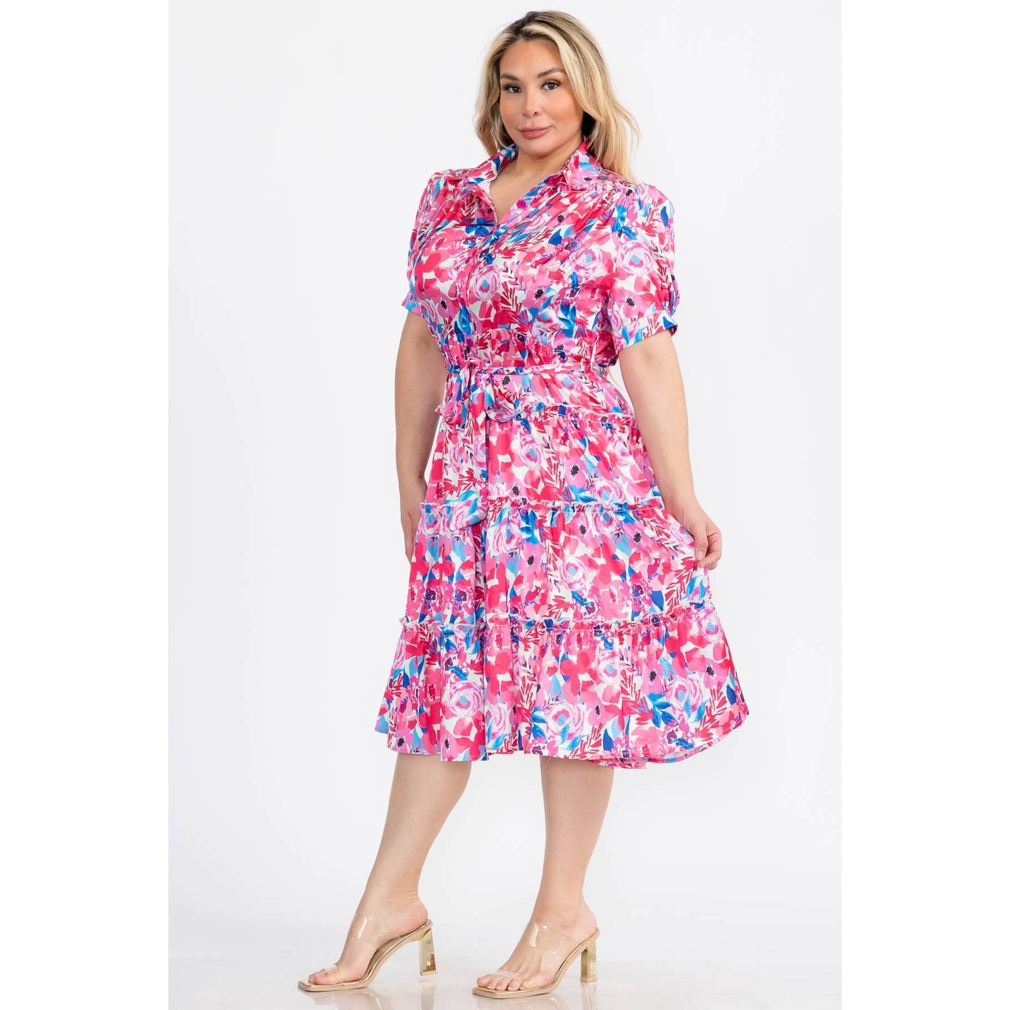 PLUS SIZE FLORAL COLLARED BUTTON DOWN TIERED MIDI DRESS