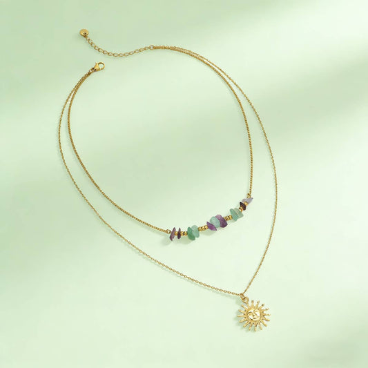 Boho Sun Pendant Natural Stone Beaded Necklace_CWMM12764