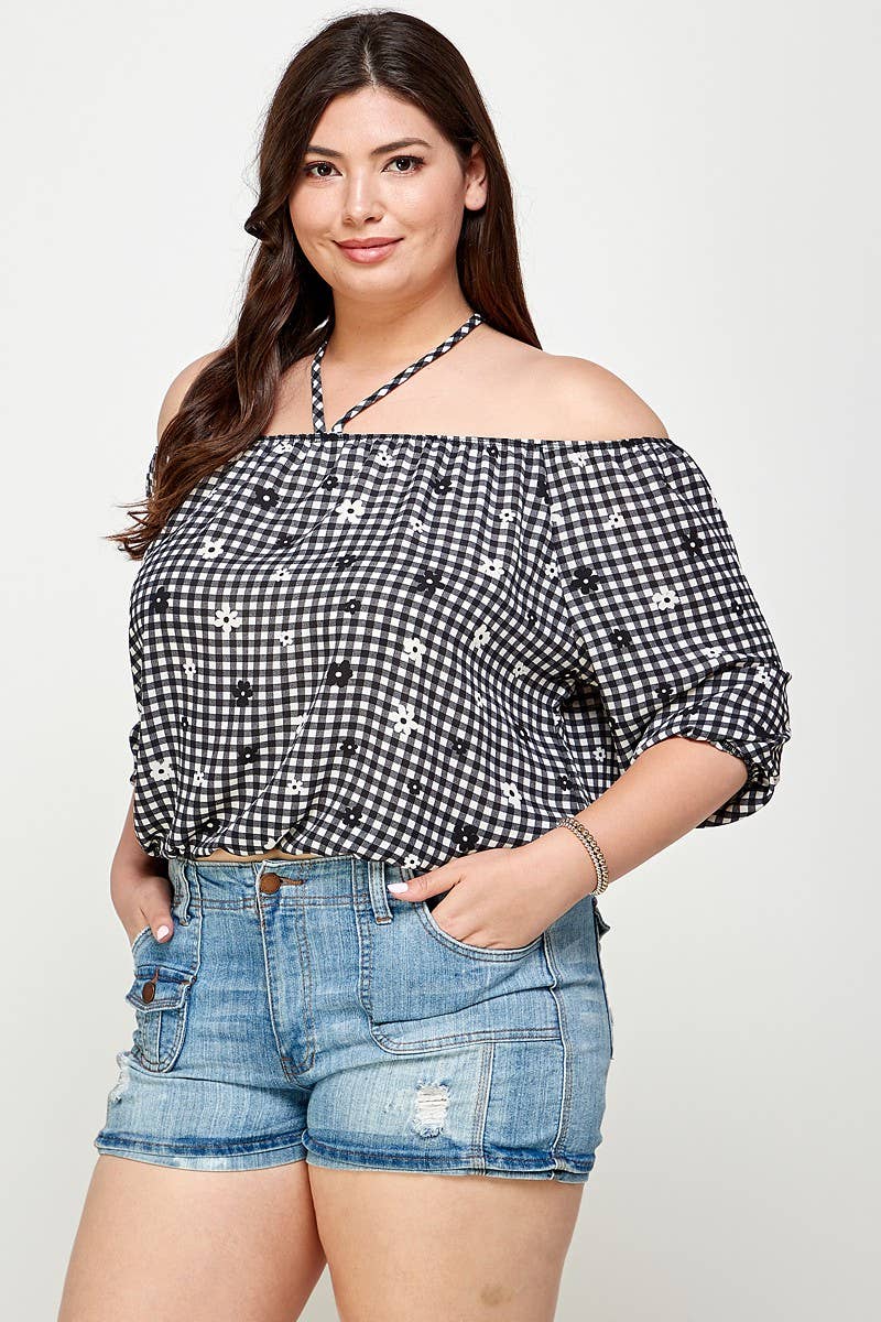 Plus Size Checker Off Shoulder Halter Top - WG17823-4T