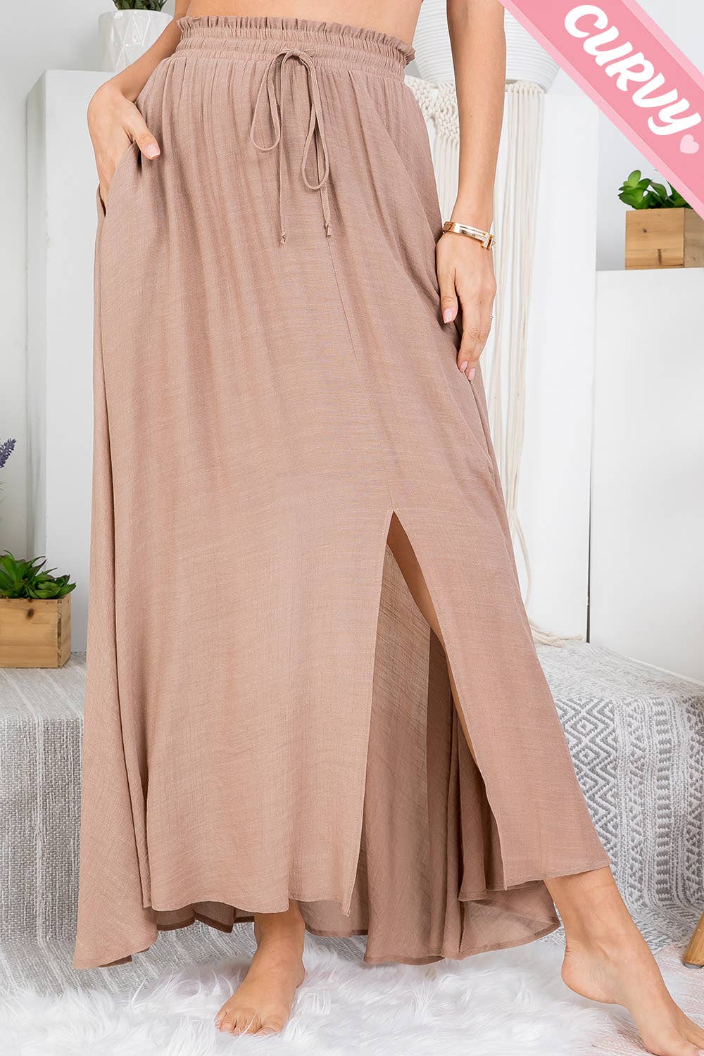 PLUS SIZE SMOCKED DRAWSTRING MAXI SKIRT