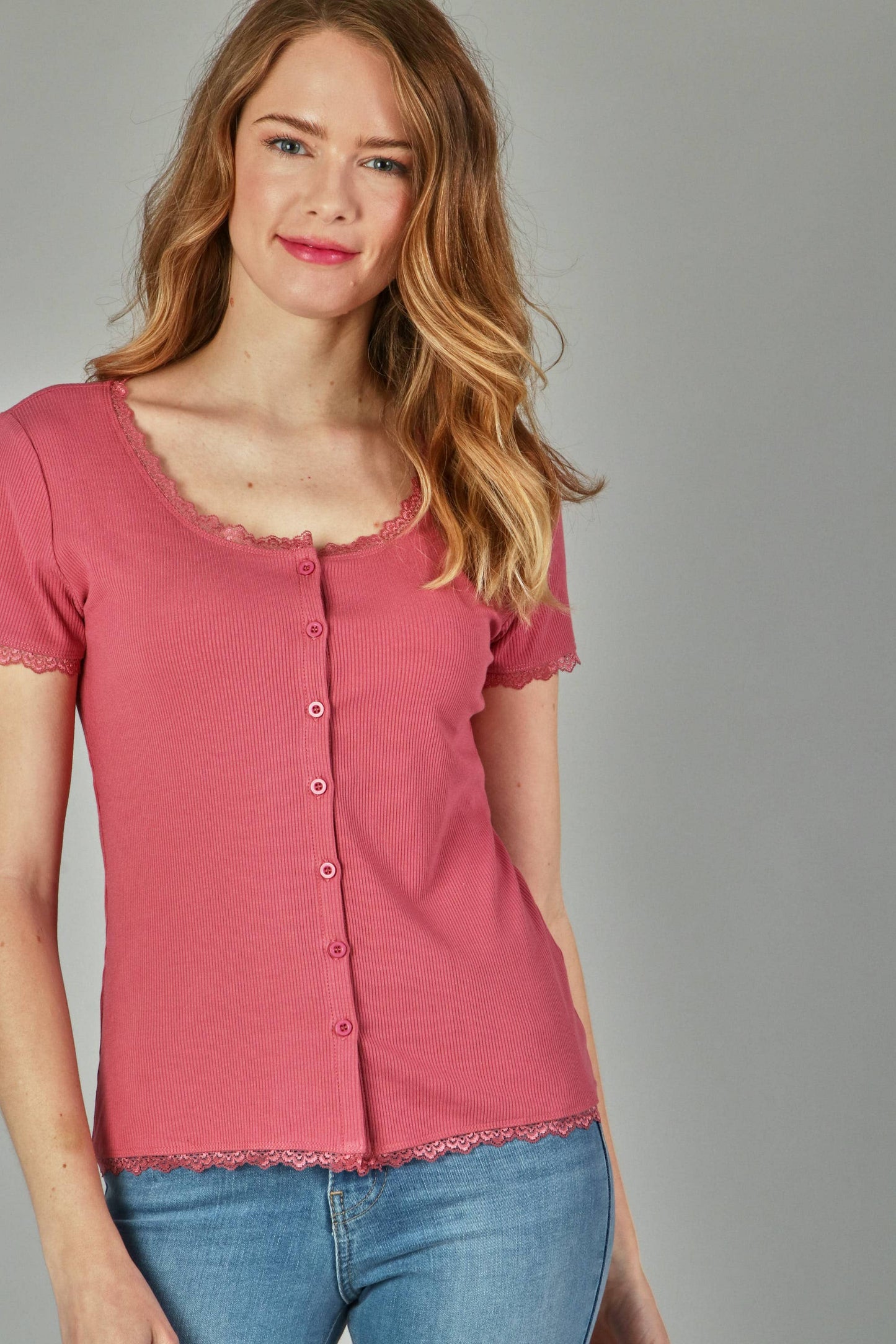 Solid rib button top with dtm edge lace- plus (P17893-PLUS)