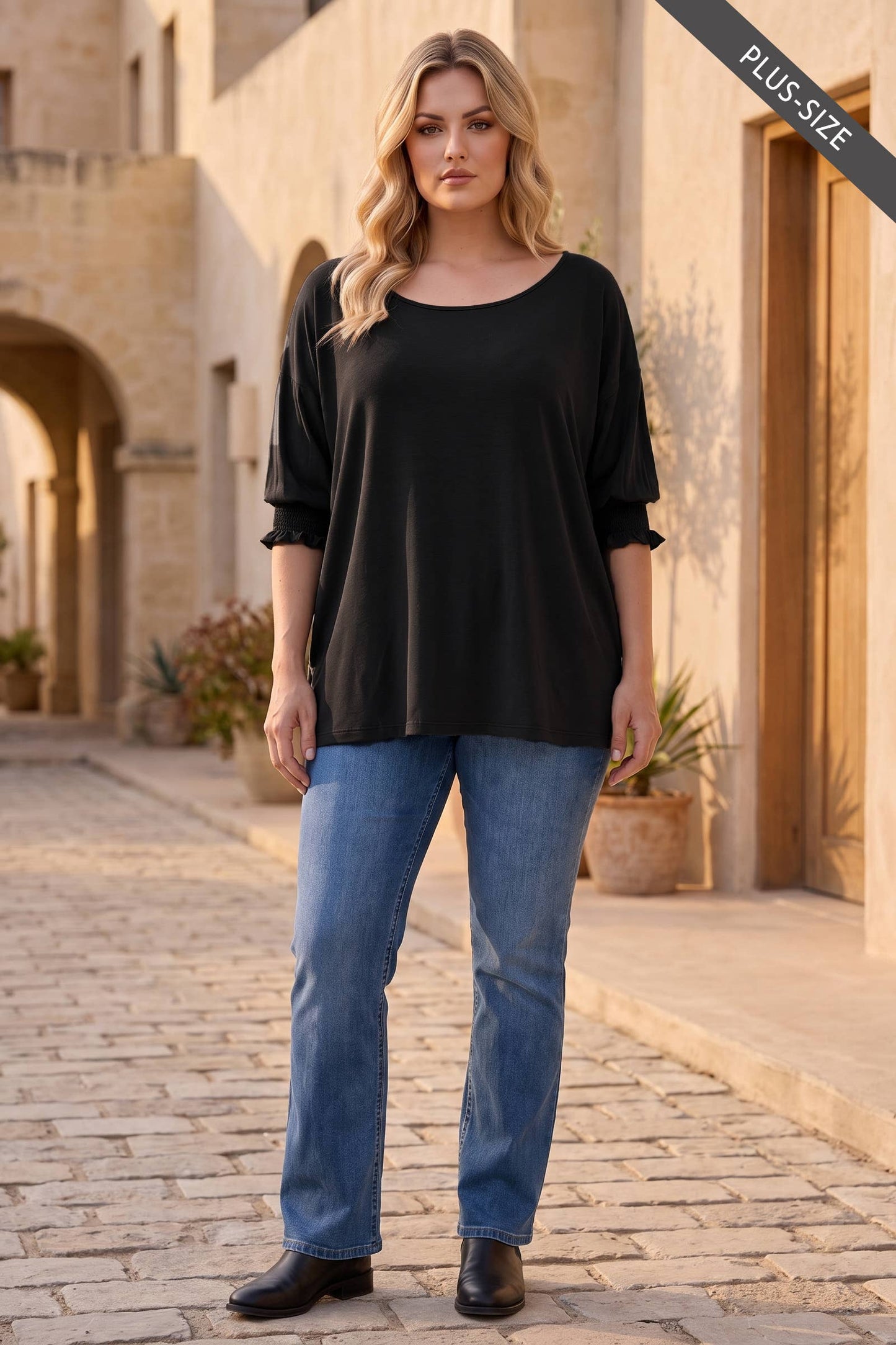 PLUS SIZE Oversized Smocked 3/4 Sleeve Poncho Blouse