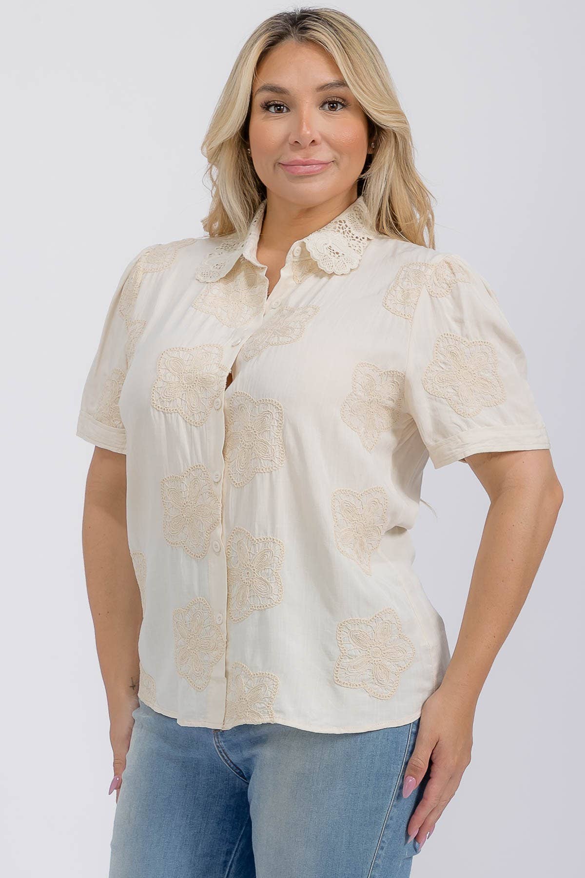 Plus Embroidered Button Down Blouse