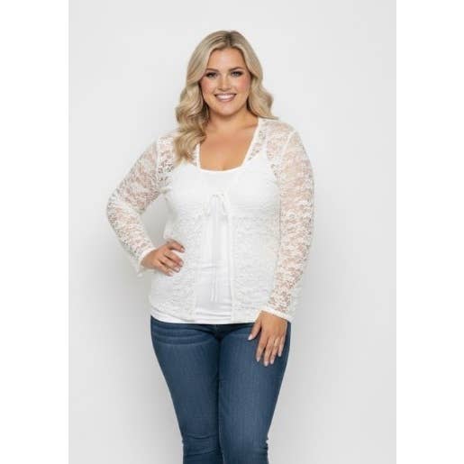 PLUS SIZE LACE OPEN TIE FRONT LONG SLEEVE BOLERO CARDIGAN