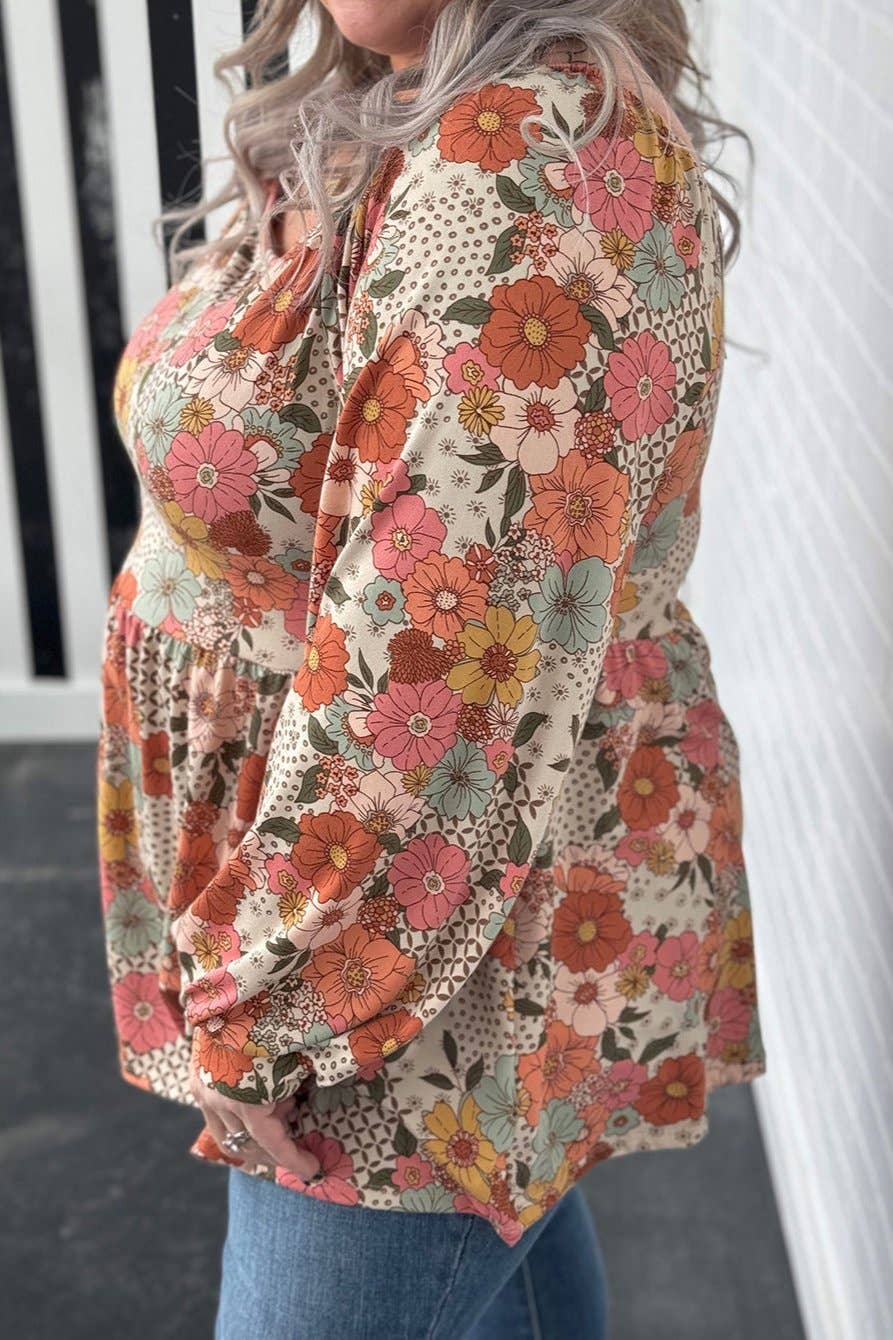 Floral Square Neck Peplum Blouse Plus Size