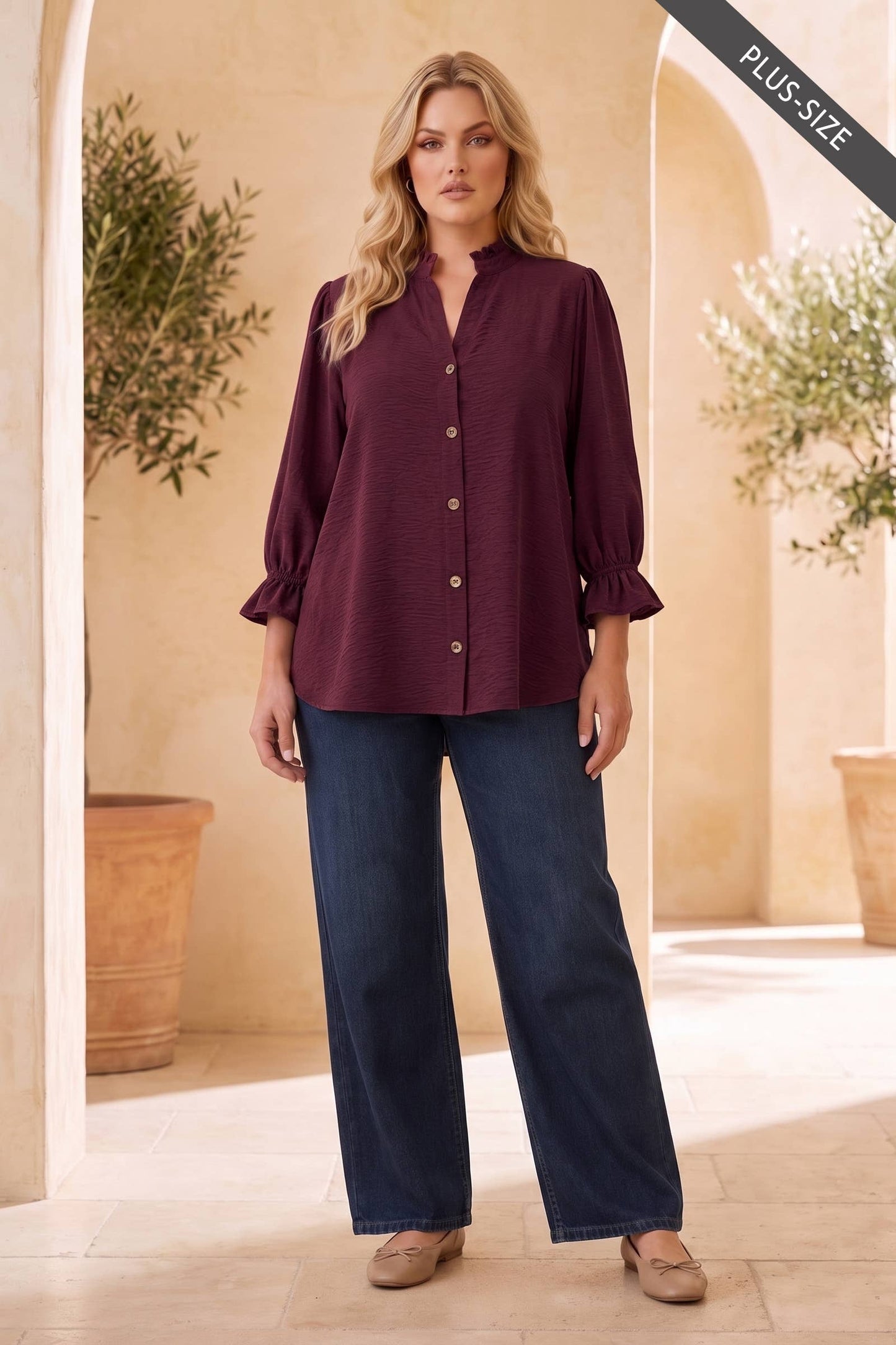 PLUS SIZE Ruffle 3/4 Sleeve Button Down Front Blouse