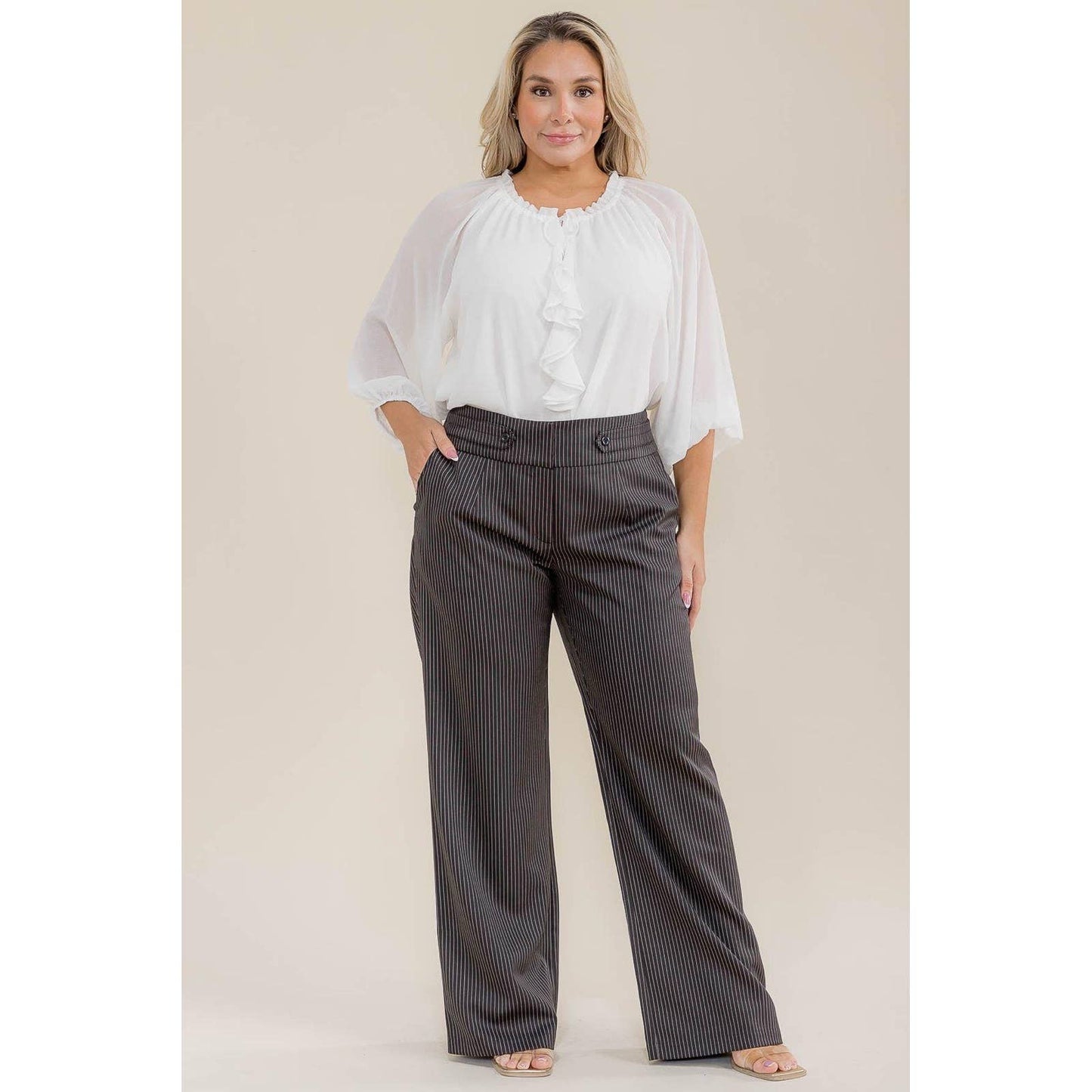 PLUS SIZE PIN STRIPE WIDE FLARE LEG TROUSER PANTS