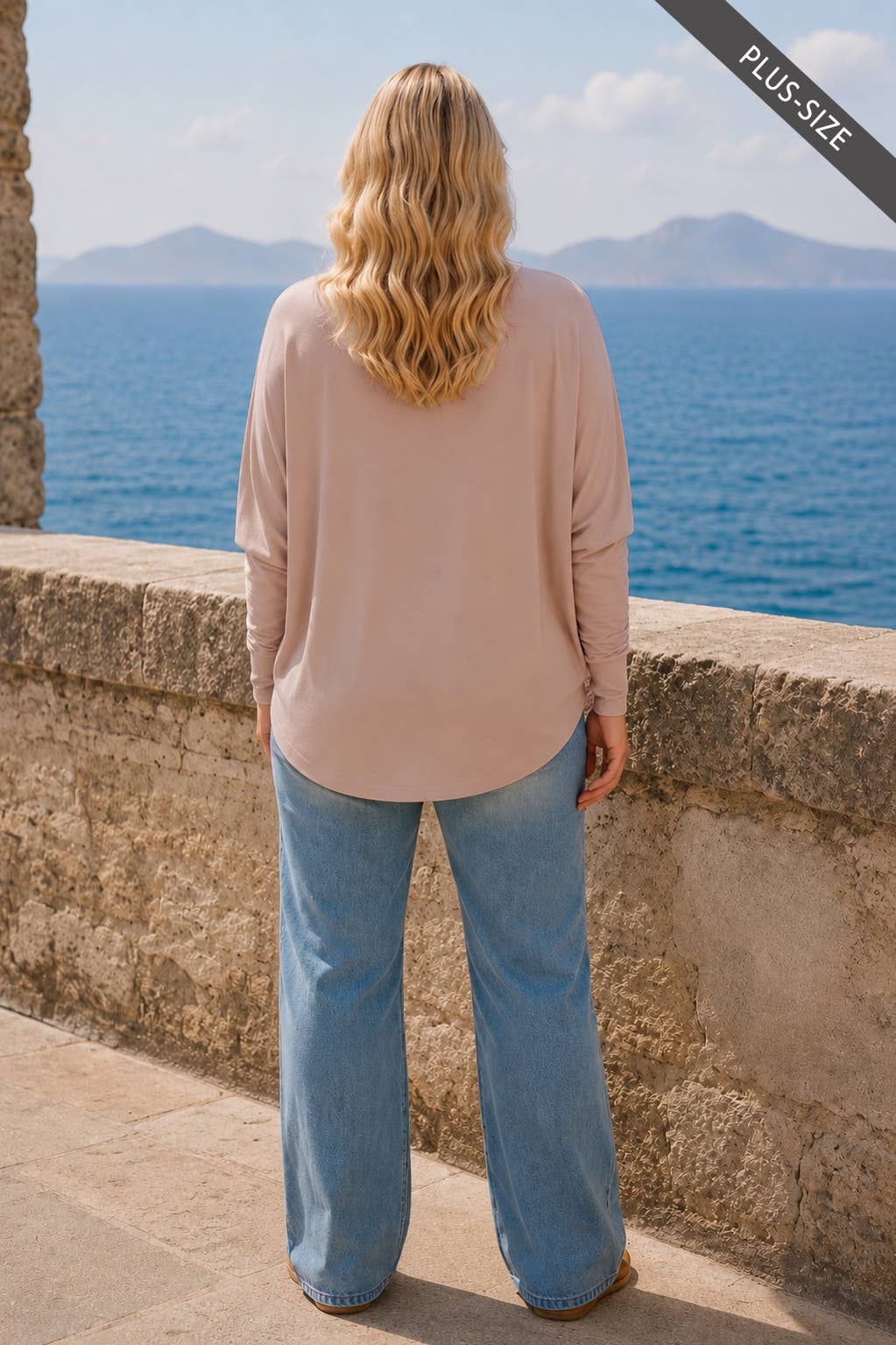 PLUS SIZE Drop Shoulder Round Hem Long Sleeve Top