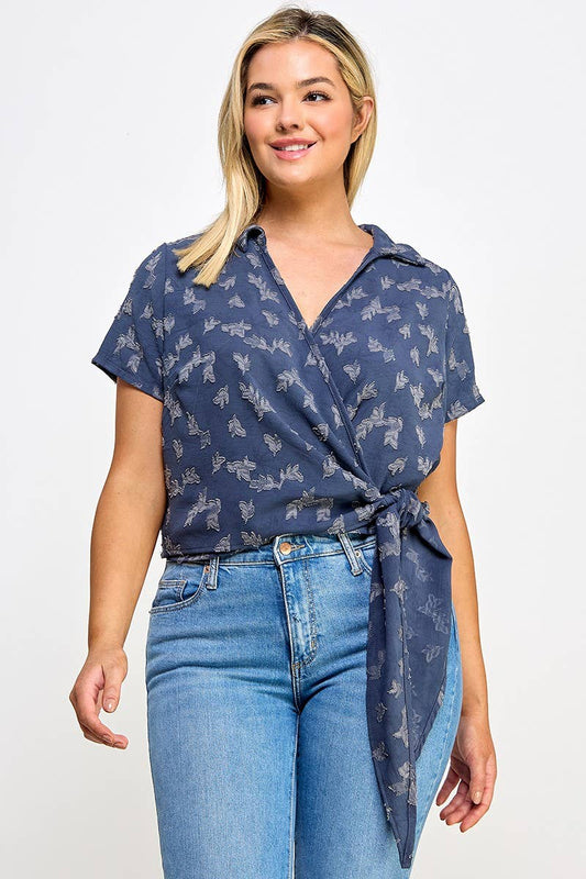 Plus Size Collar Wrap Side Tie Top - NK18396-T