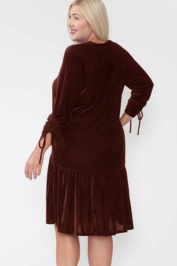 Plus Size Round Neck Sleeve Tied Velvet Knee Midi Dress